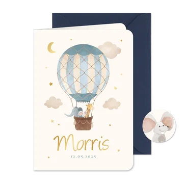 Geboortekaartje blauwe luchtballon dieren vintage sterren